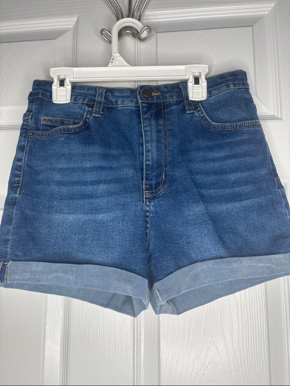SHEIN Dark Blue High-Rise Rolled Cuff Denim Shorts